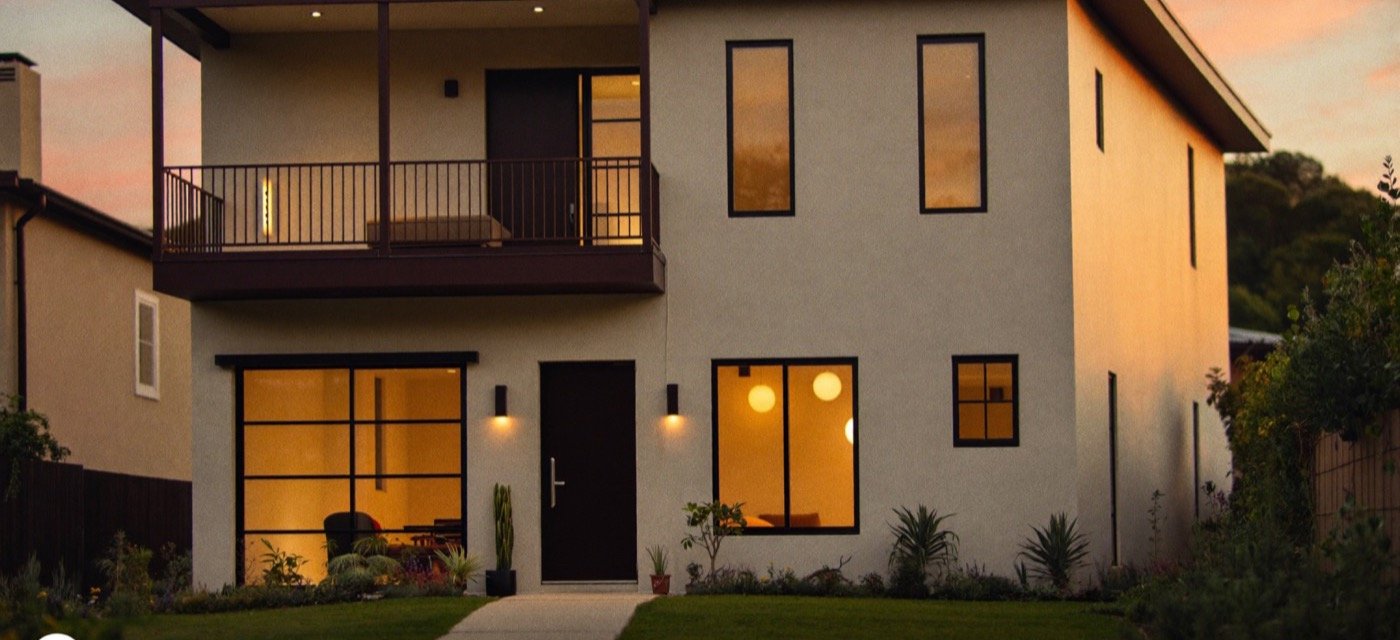Fachada de una casa moderna iluminada al atardecer